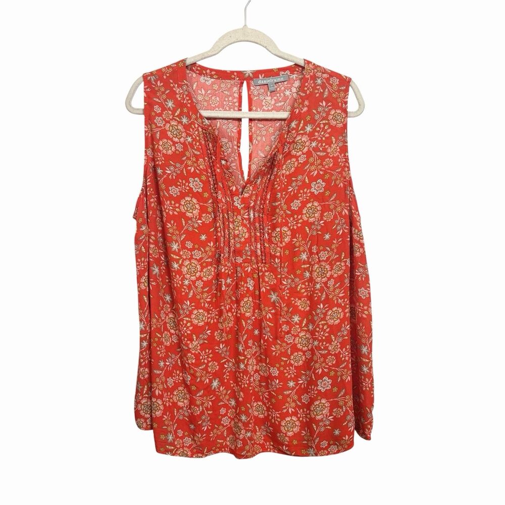 Daniel Rainn Sz 1X Pleated Tie Neck Top Orange Red Floral Sleeveless Boho Tank